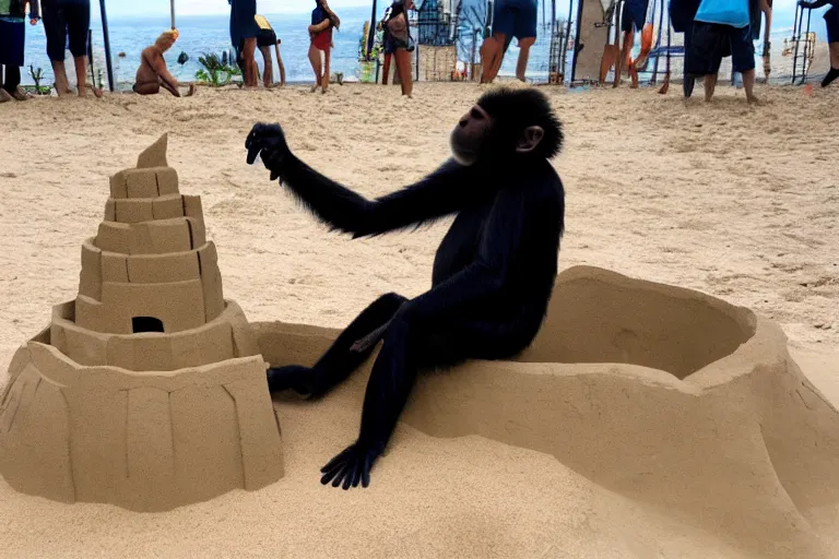 Prompt: a monkey touching a completed sand castle