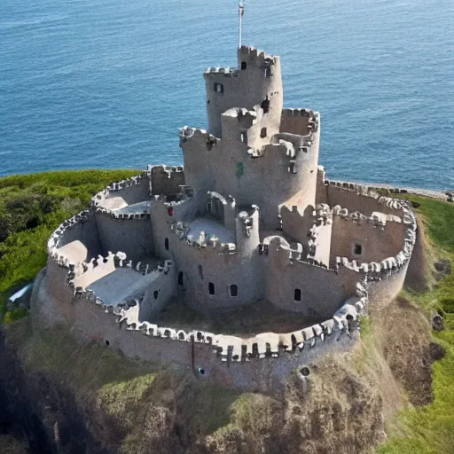 Prompt: aerial view of a punisher fortress from above on a hill by the ocean. castle tower is shaped exactly like the punisher symbol detailed