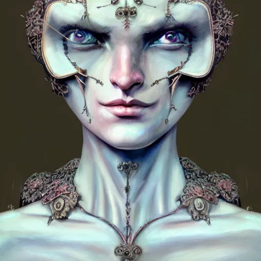 Prompt: soft painting portrait of a curiosities carnival chemistry, blessing, porcelain beautiful full armor, perfectly detailed, symmetrical accurate intricate sensual features, highly detailed, artstation, sharp focus, esao andrews