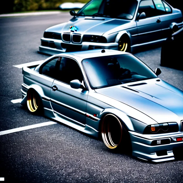 Image similar to close-up-photo BMW E36 widebody illegal JDM meet, Saitama prefecture, misty night, cinematic color, photorealistic, high detailed wheels, highly detailed bodykit,