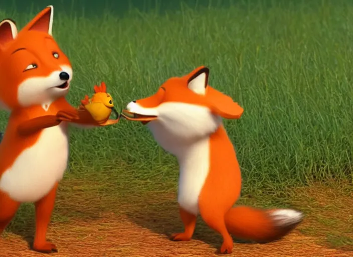 Image similar to A cute fox caught a chicken in his mouth, 3D pixar animation, 4k