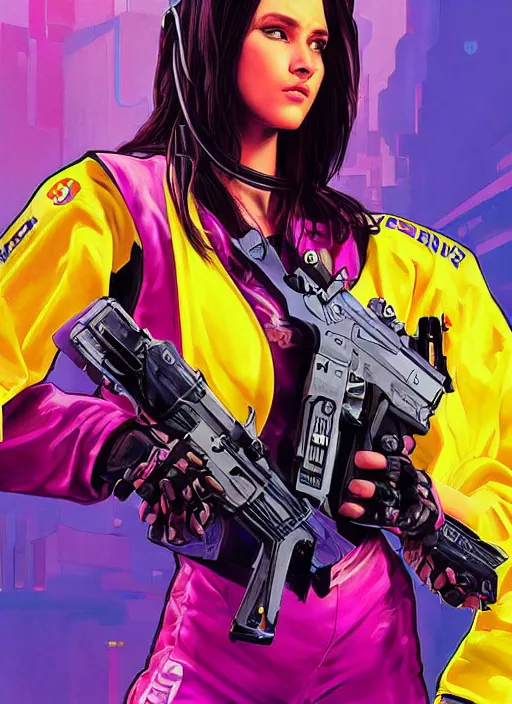Image similar to beautiful cyberpunk female athlete wearing pink jumpsuit and pointing a yellow belt fed pistol. advertisement for pistol. cyberpunk ad poster by james gurney, azamat khairov, and alphonso mucha. artstationhq. gorgeous face. painting with vivid color, cell shading. buy now! ( rb 6 s, cyberpunk 2 0 7 7 )
