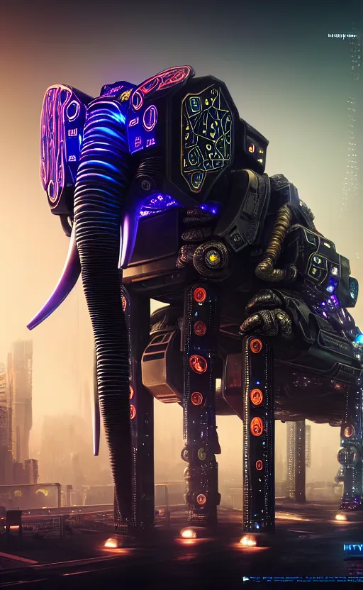 Prompt: hyper realistic and higly detailed photo of a cyberpunk mech elephant. full elephant is seen. intricate, wiring, electronic components, color diodes. volumetric light. professional digital art, lotr style, extremly detailed, trending on artstation, stuning, octane render, unreal engine 5, 8 k rendering.