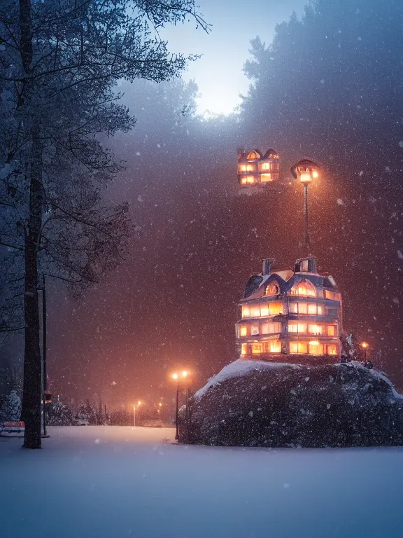 Image similar to product shoot of a snow globe of tiny soviet residential building, lights are on in the windows, cozy atmosphere, fog, cold winter, snowing, streetlamps with orange volumetric light, birches