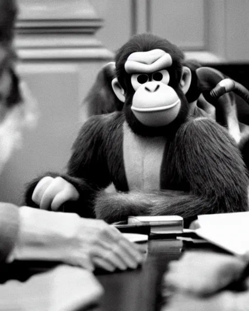 Image similar to a film photo of donkey kong being cross examined in a court of law, 4 k, 3 5 mm film