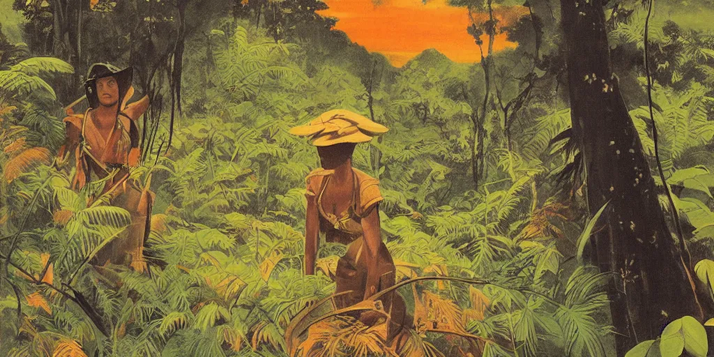 Image similar to painting of a female soldier in the rainforest at golden hour by kitano tsunetomi, 1 9 3 9