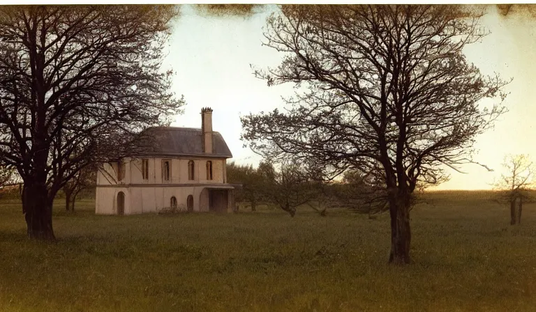 Prompt: A serene landscape with a singular building in the style of Autochrome Lumière