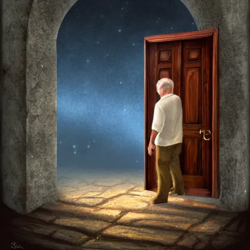 Image similar to old man going through an old magical door, digital art, 4 k, fantasy