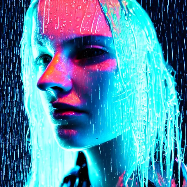 Image similar to bright asthetic portrait LSD glowing backlit rain on face and wet hair, cyberpunk, overhead lighting, fantasy, intricate, elegant, dramatic lighting, highly detailed, lifelike, photorealistic, digital painting, artstation, illustration, concept art, smooth, sharp focus, art by John Collier and Albert Aublet and Krenz Cushart and Artem Demura and Alphonse Mucha