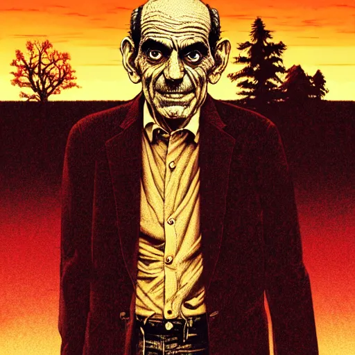 Prompt: full portrait of abe vigoda, disturbing horror zombie manga cover illustration by junji ito and joe fenton and syd mead and p. craig russell and barry windsor - smith, artstation, 4 k, graphic novel, concept art, matte painting, beautiful american rustic western landscape sunset background, golden hour, art nouveau