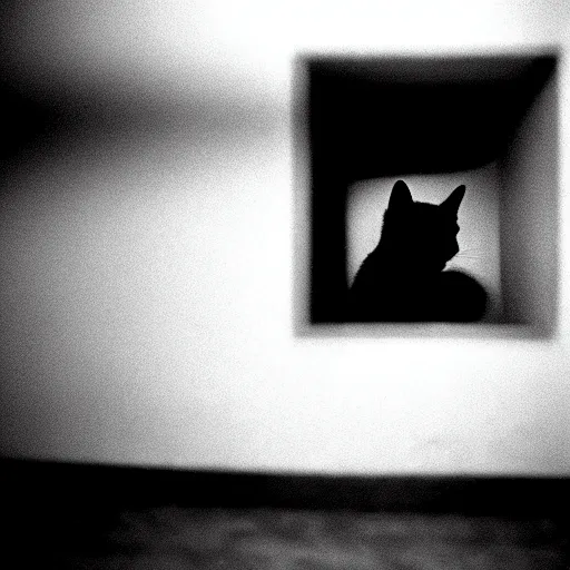 Prompt: depiction of the feeling of hopelessness, worthlessness, loneliness, of a cat, sad, frightening, depressing, miserable, stunning, intelligent, stark, vivid, sharp, crisp, ultra ambient occlusion, reflective, universal shadowing, 3 5 mm, ( 2 0 8 6 ) scary horror film still, extremely atmospheric lighting.