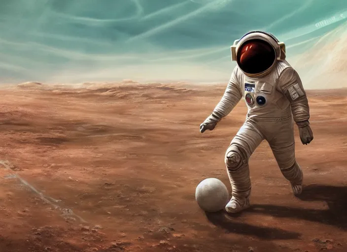 Image similar to ! dream ultra realistic illustration, a soviet astronaut playing soccer on mars, mars landscape, elegant, highly detailed, artstation, concept art, smooth, sharp focus, moody, dramatic lighting