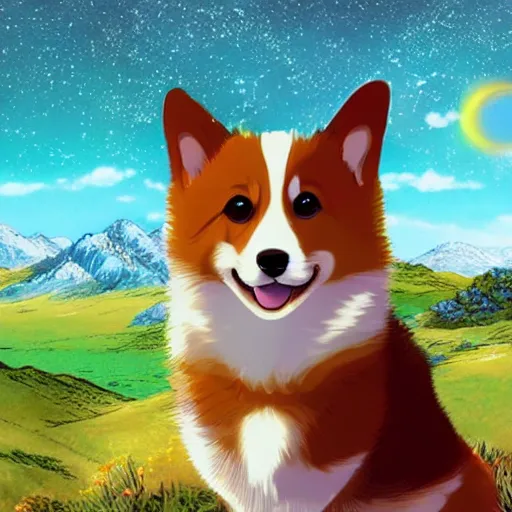 Prompt: anime still, cute corgi puppy, scenic landscape, beautiful, highly detailed, starry sky