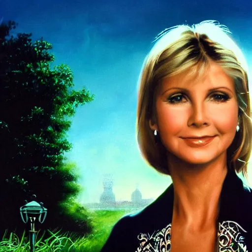 Prompt: An enchanting portrait of Olivia Newton John, evening, detailed matte painting, cinematic