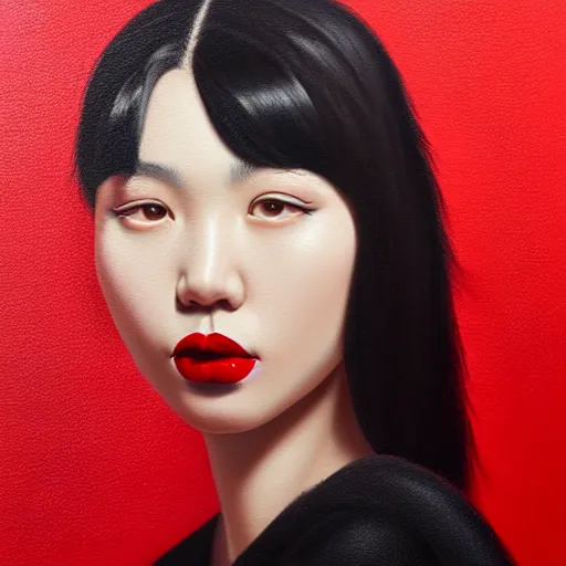 Image similar to a woman with black hair and a red lipstick, a photorealistic painting by wang duo, featured on cg society, photorealism, behance hd, ultrafine detail, high detail, beauty campaign, photoshoot