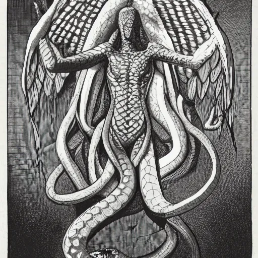 Image similar to a snake mixed with a lizard in humanoid form with one angelic wing on the left and one demonic wing on the right, arms crossed, in a dungeon