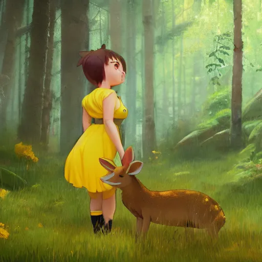 Image similar to concept art painting of an anthropomorphic chubby doe wearing yellow dress, in the deep forest, realistic, detailed, cel shaded, in the style of makoto shinkai and greg rutkowski and james gurney