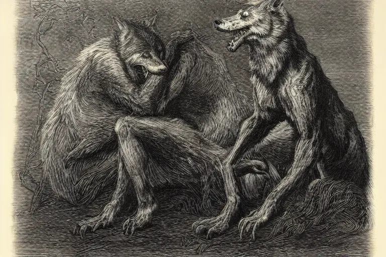 Image similar to werewolf portrait, Gustave Dore lithography