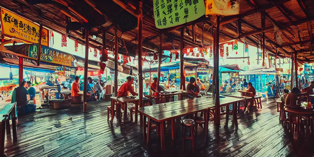 Image similar to interior of a kopitiam at pulau indah fishing village, near a jetty, early morning, hyperrealistic, detailed, low angle view, telephoto lens, bokeh, studio ghibli, artstation