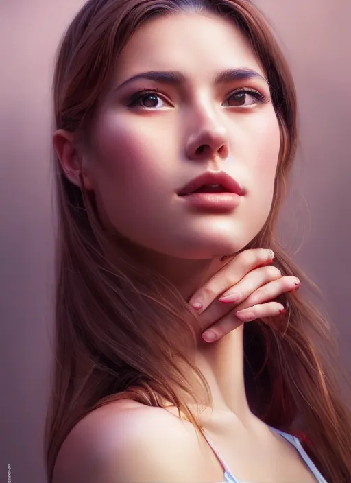 Prompt: high angle photo of a gorgeous young woman in the style of stefan kostic, realistic, 1 / 2 body crop, 8 5 mm art lens, f 1. 2, sharp focus, 8 k high definition, insanely detailed, intricate, elegant, art by stanley lau and artgerm