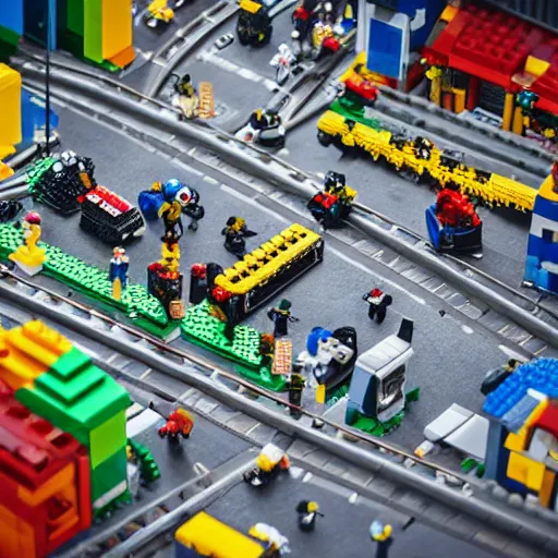 Prompt: mini lego war in the city, photorealistic, highly detailed, sharp focus, vivid, symmetrical, random, convoluted, mind - blowing, creative, fully functional, physics defying, amazing, cool, atmospheric