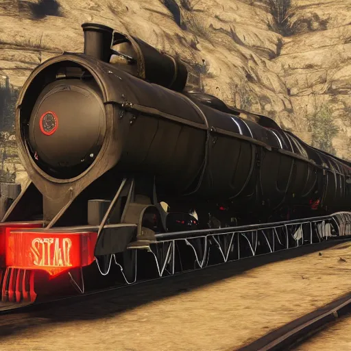 Image similar to futuristic sleek steam locomotive in red dead redemption 2