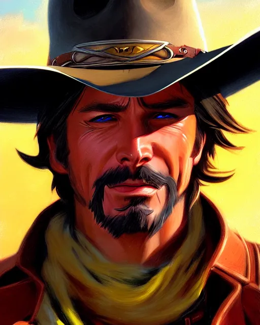 Prompt: mccree from overwatch, in a torn poncho, windy, character portrait, portrait, close up, highly detailed, intricate detail, amazing detail, sharp focus, vintage fantasy art, vintage sci - fi art, radiant light, caustics, by boris vallejo
