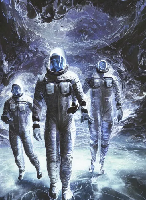 Image similar to astronauts in dark void underwater - complex and hyperdetailed technical suit. reflection and dispersion materials. rays and dispersion of light. volumetric light. f / 3 2. noise film photo. flash photography. ultra realistic, wide angle. poster by wayne barlowe, hajime sorayama aaron horkey, craig mullins