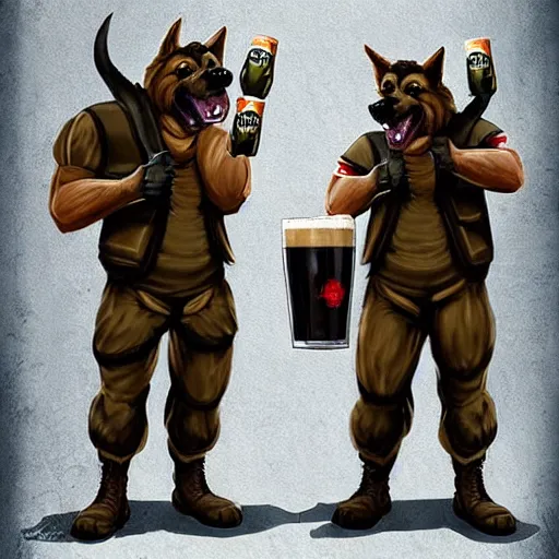 Image similar to two humanoid german shepherds beast - men in military style, they holding a beer, artstation, concept art, smooth, sharp foccus ilustration, artstation