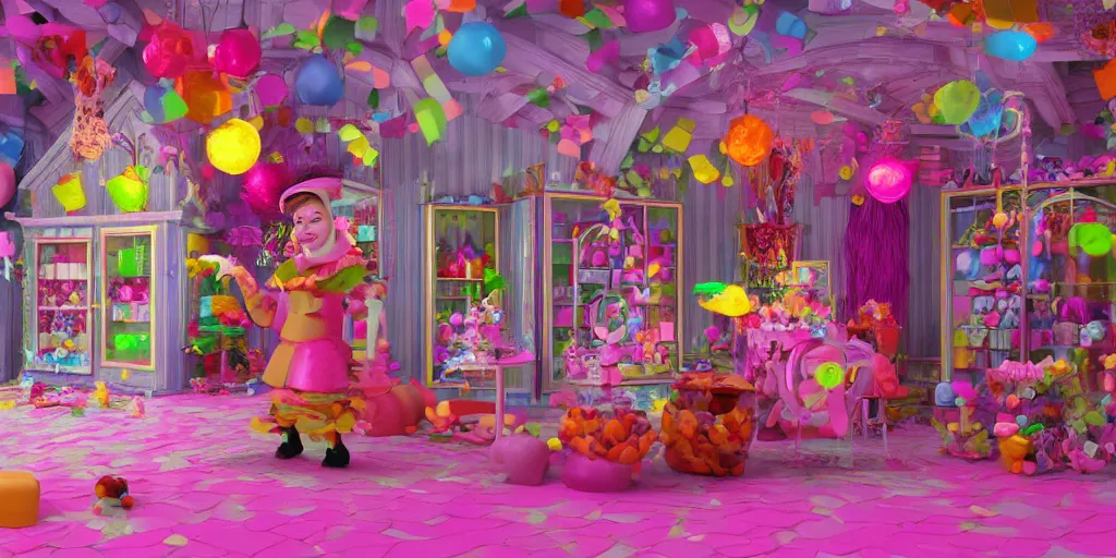 Prompt: an evil witch made of candy, in a candy land style house, bright, vibrant, everything is made of candy, evil, horror movie, cinematic, award winning, octane render