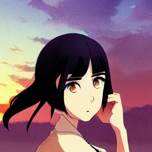 Image similar to Character portrait of a young beautiful woman with long black hair and bangs, sunset, city, focus on facial features, large eyes, highly detailed, cel shading, Studio Ghibli still, by Makoto Shinkai and Akihiko Yoshida