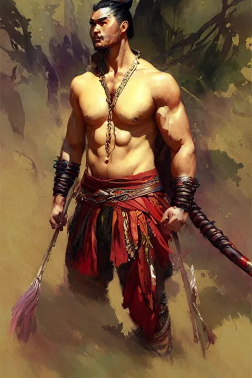 Prompt: wuxia, attractive beefy man, character design, colorful, painting by gaston bussiere, craig mullins, greg rutkowski, j. c. leyendecker