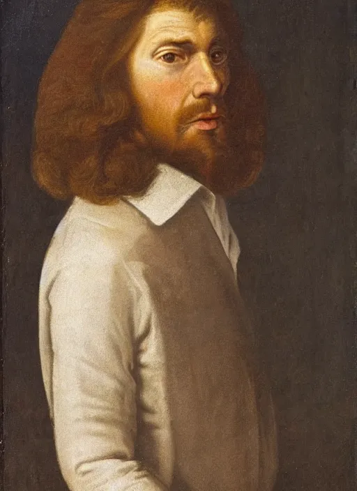 Prompt: portrait of a man with long brown hair, looking to the right, 1 7 th century, high hair detail