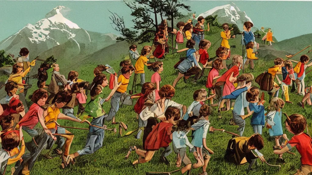 Prompt: A vintage scientific illustration from the 1970s of the Pied Piper luring hundreds of children up a hill while playing his pipe by Wes Anderson