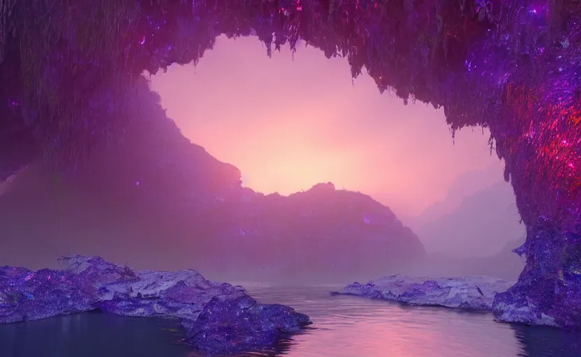 Prompt: a beautiful and stunning digital render of a humongous sapphire cave, dimly glowing crystals, vines, haze, waterfall, volumetric lighting, photorealistic, red sky, sunset, unreal engine 5, ultra detail, trending on artstation