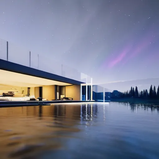 Prompt: Waterfront modern European architecture villa with greenery + a sea of glass + a Starry Night + Aurora borealis, highly detailed, dramatic lighting, atmospheric, cinematic color grading, octane render, 8k