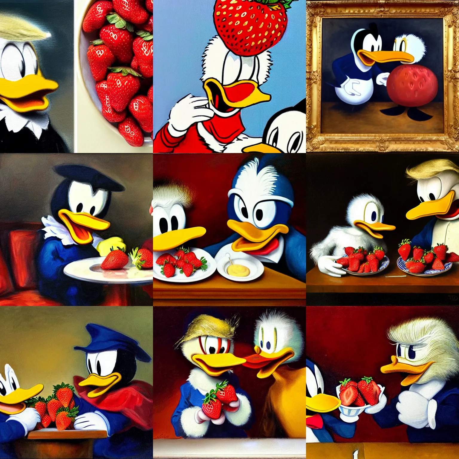 Prompt: donald trump and donald duck eating strawberries together, painted by rembrandt