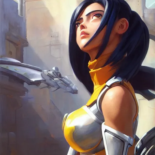 Image similar to greg manchess portrait painting of partially armored battle angel alita as overwatch character, medium shot, asymmetrical, profile picture, organic painting, sunny day, matte painting, bold shapes, hard edges, street art, trending on artstation, by huang guangjian, gil elvgren, ruan jia, greg rutkowski, gaston bussiere