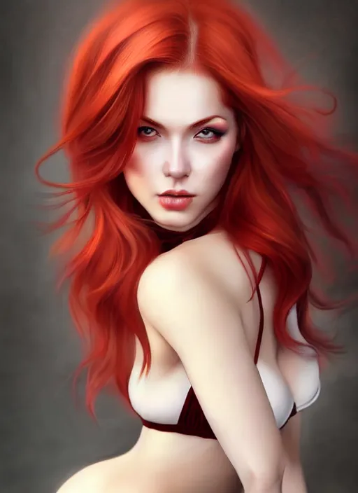 Prompt: photo of gorgeous woman with half white half red hair in the style of stefan kostic, realistic, half body shot, sharp focus, 8 k high definition, insanely detailed, intricate, elegant, art by stanley lau and artgerm, foggy backgeound, pinup, fantasy