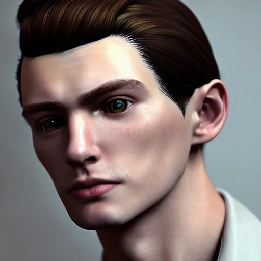 Prompt: A videogame portrait of a young Irish man with high cheekbones. Good bone structure. Dressed in 1940s style. (Hazel hair). Highly detailed, fine Art, high detail, great lighting, 8k resolution, masterpiece, concept art, illustration, clear eyes, painting oil on canvas, octane render, HDR, trending on artstation, 4k, 8k, HD