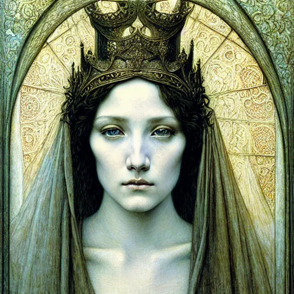 Image similar to detailed realistic beautiful young medieval queen face portrait by jean delville, gustave dore and marco mazzoni, art nouveau, symbolist, visionary, gothic, pre - raphaelite. horizontal symmetry