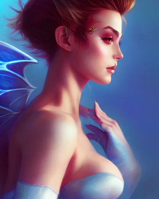 Prompt: 3 / 4 view of a woman with fairy wings, confident pose, pixie character, video game genshin impact, james dean, elegant, sharp focus, illustration, highly detailed, concept art, matte, magali villeneuve, artgerm, anime, trending on artstation