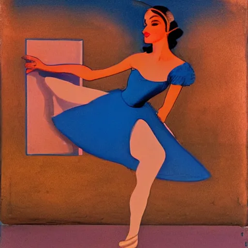 Image similar to a ballerina facing a blue portal on the street, which shows a beach at sunset, alberto vargas