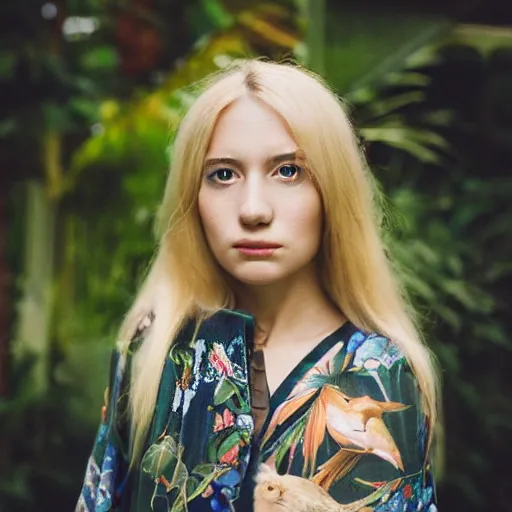 Prompt: portrait photograph of an extremely beautiful!!!! young blonde female with symmetric face. with a very detailed barn owl!!!!! on her shoulder. wearing a yellow kimono!!.. in a tropical greenhouse. petzval lens. shallow depth of field. polaroid featured on flickr, art photography,