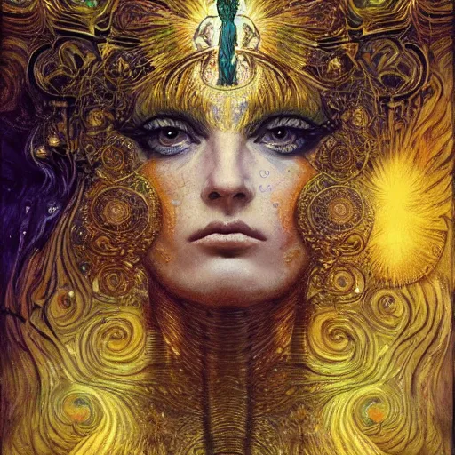 Image similar to Divine Chaos Engine by Karol Bak, Jean Deville, Gustav Klimt, and Vincent Van Gogh, beautiful visionary mystical portrait, sacred, otherworldly, fractal structures, ornate gilded medieval icon, third eye, spirals