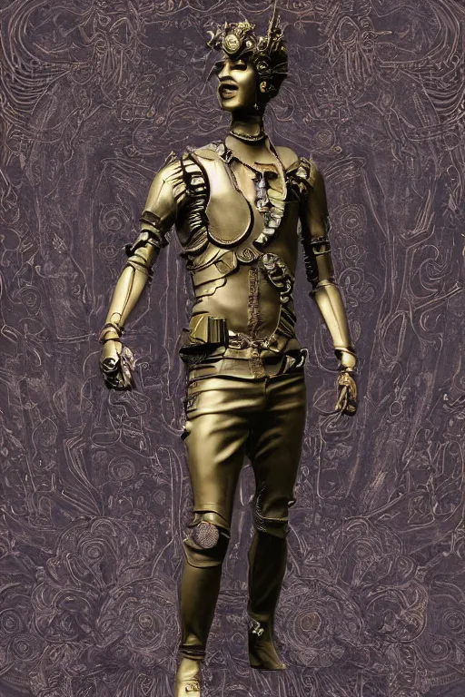 Image similar to full-body cyberpunk style bronze statue of a young handsome Spanish prince half android with a chest opening exposing circuitry and a sparking motherboard, glowing blue eyes, crown of peach roses, flowing teal-colored silk, fabric, flowers. baroque elements, human skull. full-length view. baroque element. intricate artwork by caravaggio. many many birds birds on background. Trending on artstation, octane render, cinematic lighting from the right, hyper realism, octane render, 8k, depth of field, 3D