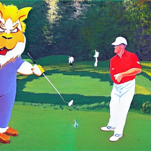 Image similar to dave chizzy chisnall playing golf with snarf from thundercats, as painted by claude monet