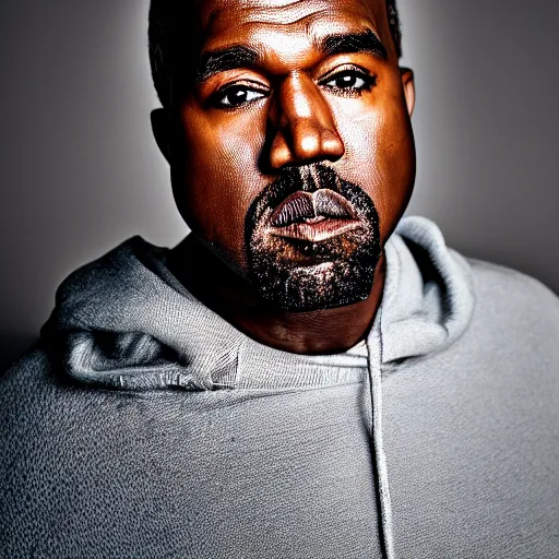 Image similar to the face of older kanye west wearing yeezy clothing at 5 4 years old, portrait by julia cameron, chiaroscuro lighting, shallow depth of field, 8 0 mm, f 1. 8