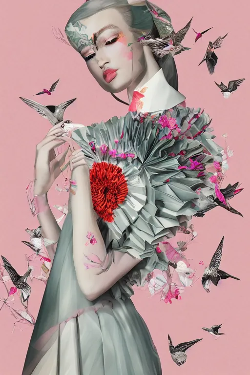 Prompt: fashion illustration of a beautiful girl wearing an origami dress, eye - level medium shot, fine floral ornaments in cloth and hair, hummingbirds, elegant, by eiko ishioka, givenchy, by peter mohrbacher, centered, fresh colors, origami, fashion, detailed, playful, dreamy, vogue, japanese, reallusion character creator