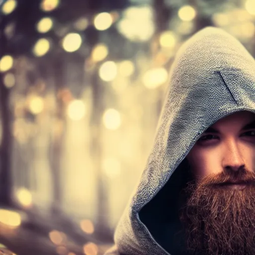 Image similar to portrait of a mysterious wizard with a Hood, bright eyes, fantasy, bokeh, magic lights, cinematic